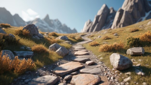 3d render of a stone path with grass and mountains in the background