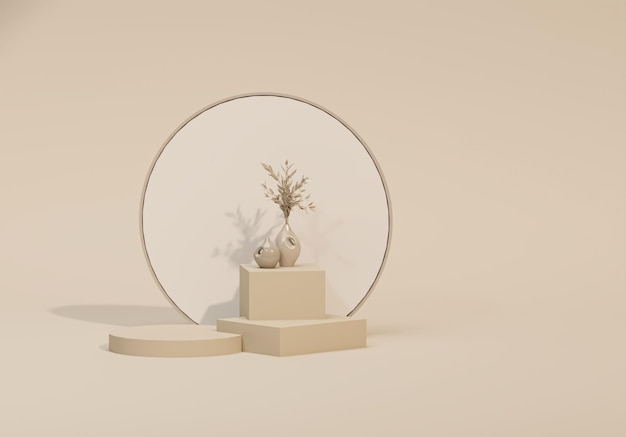 Photo 3d render stone podium with circle wall tropical dry leaves of plants