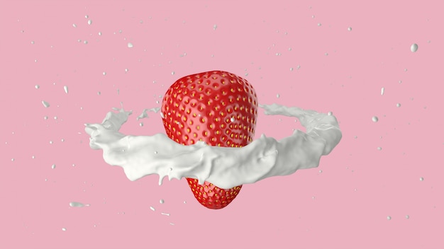 3D render of Strawberries and milk splash.