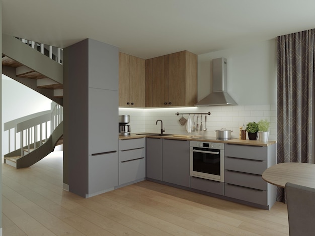 3d render of a studio kitchen in pastel colors