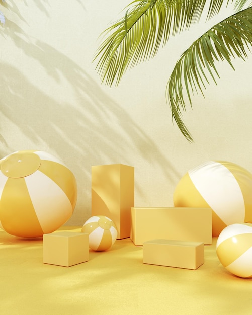 3D render of summer podium showcases with beach balls and an umbrella on yellow background