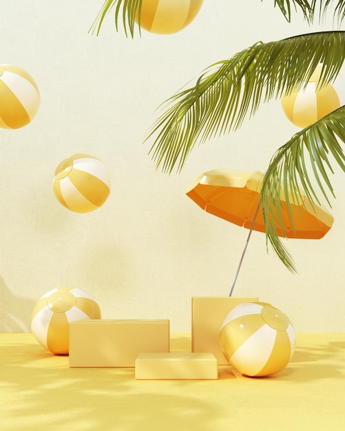 3D render of summer podium with beach balls and umbrella on yellow background