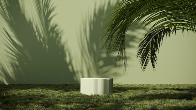 3d render of summer podiume in green grass with tropical palm branches and shadows