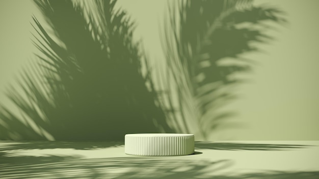 3d render of summer podiume in green grass with tropical palm branches and shadows