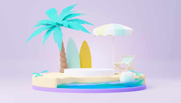 3d render Summer sale podium stand for showing product Beach Vacations Scene in Summer for mock up