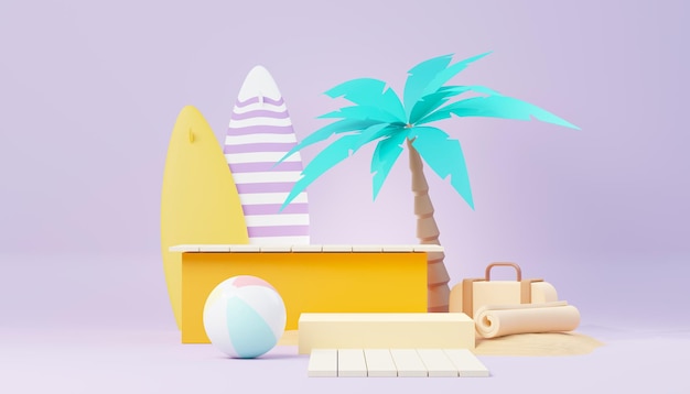 3d render Summer sale podium stand for showing product Beach Vacations Scene in Summer for mock up