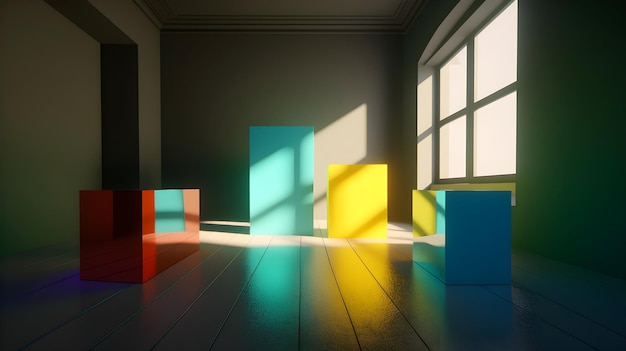 3D Render of Sunlit Room with Various Rectangular Colorful Objects