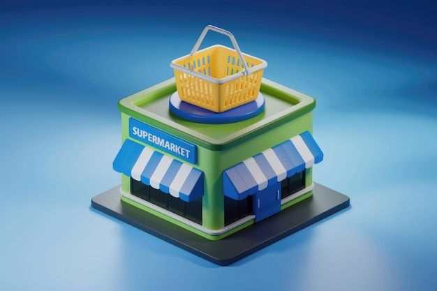 3D Render of a Supermarket Building with Green Facade and Yellow Shopping Basket Atop