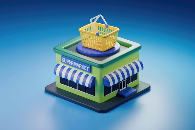 3D Render of a Supermarket Building with Green Facade and Yellow Shopping Basket Atop