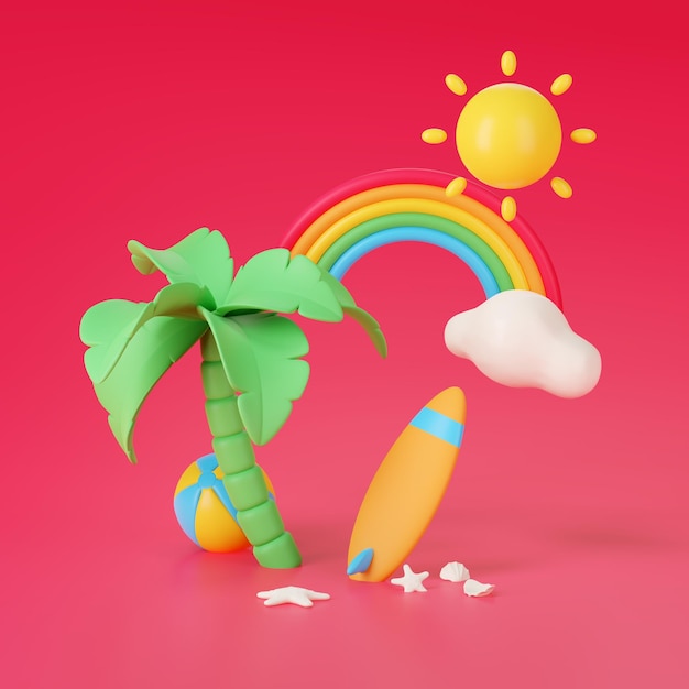 3d render of surfboard with palm tree and rainbow isolated on red Summer concept