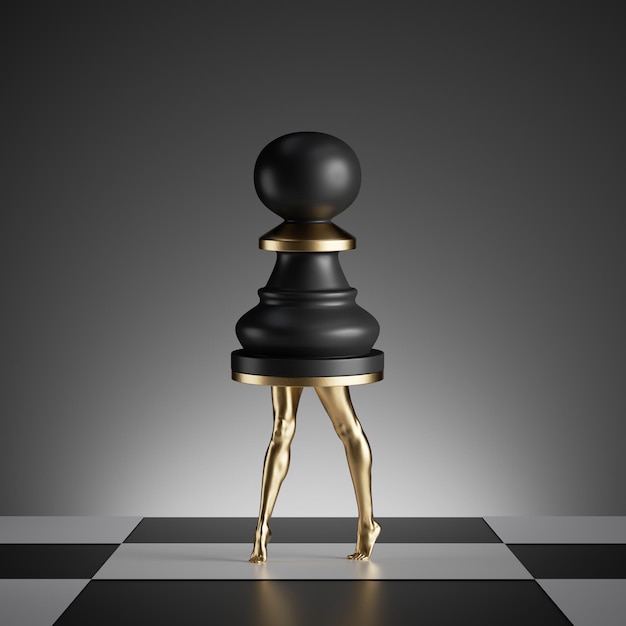 3d render surreal concept chess game piece black pawn object with golden slim legs