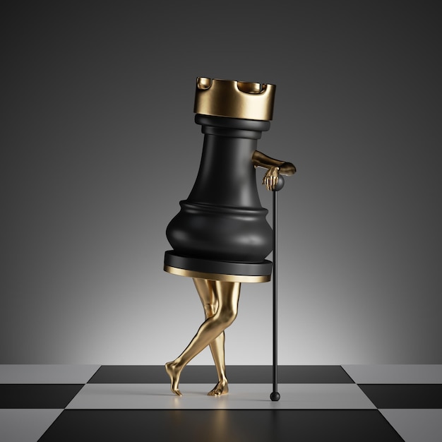 3d render surreal concept chess game piece black rook object with golden slim legs