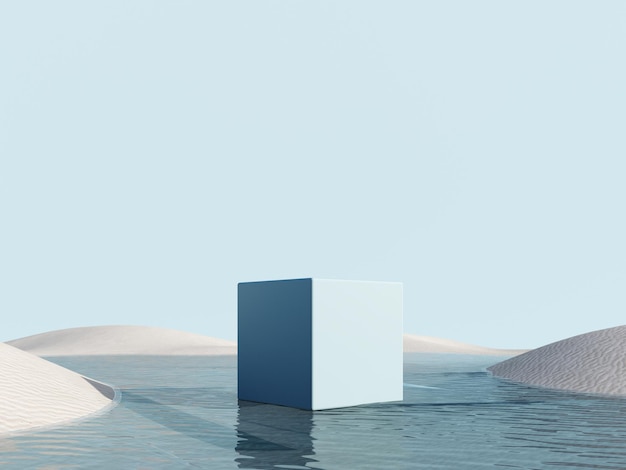 3d render of surreal landscape with podium in the water and white sand Glass showcase with plant