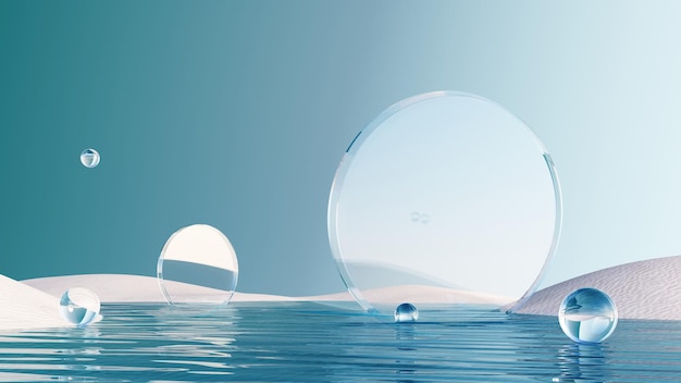 3d render of surreal landscape with round podium in the water and white sand