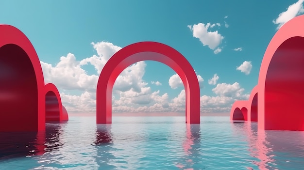 3d render surreal seascape with red arches Generative Ai