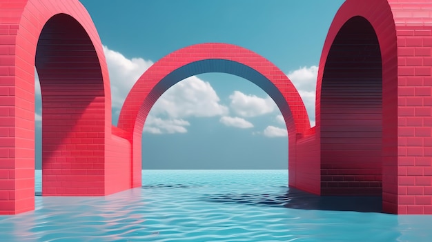 3d render surreal seascape with red arches Generative Ai