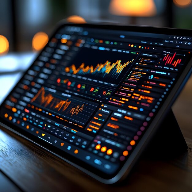 3D Render of a Tablet Screen Showing Stock Market Data