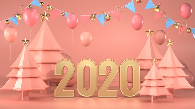 3d render of Text 2020 decorate with christmas trees and garlands