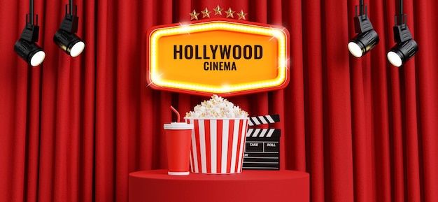 3d render of theater sign with podium and cinema decoration on red curtain