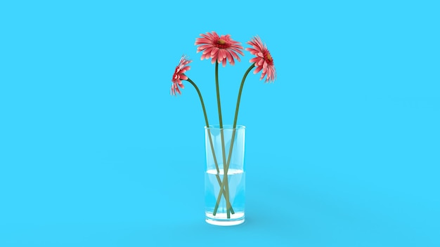 3d render three pink flowers in a glass vase