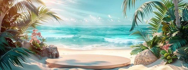 3D render of tropical beach scene with empty round podium and palm trees