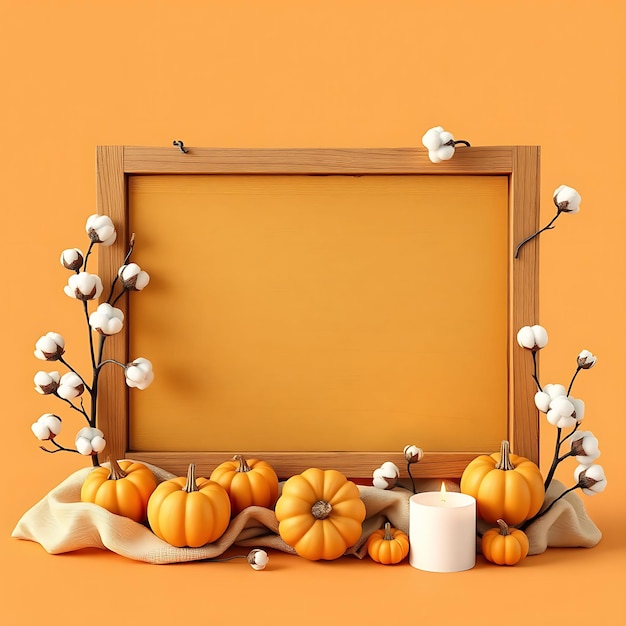 3D Render of Tuscan Blank Wooden Sign Board Mini Pumpkins Cotton S Inspired Floral Decorationst