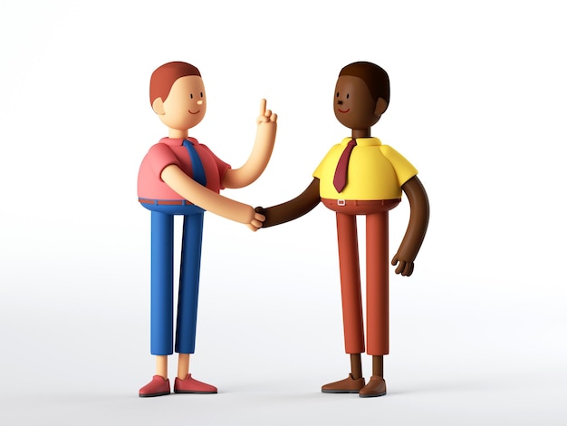 3d render two men cartoon characters shake hands