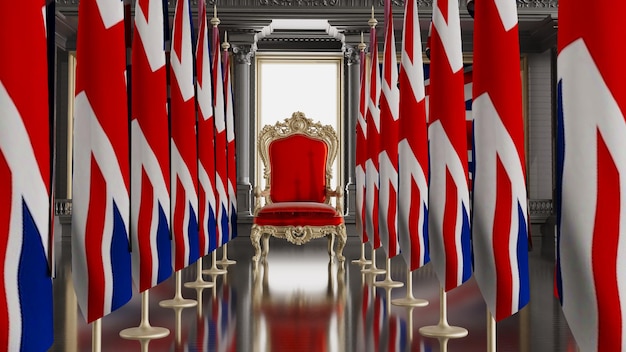 3D render of UK throne queen throne with UK flag in the background 3D render