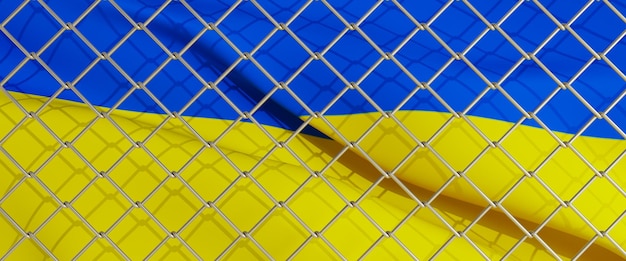 3D render of ukrainian flag behind steel mesh wire fence the flag of ukraine