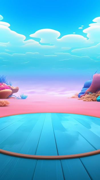 Photo 3d render of an underwater scene with a blue platform pink sand and coral reef