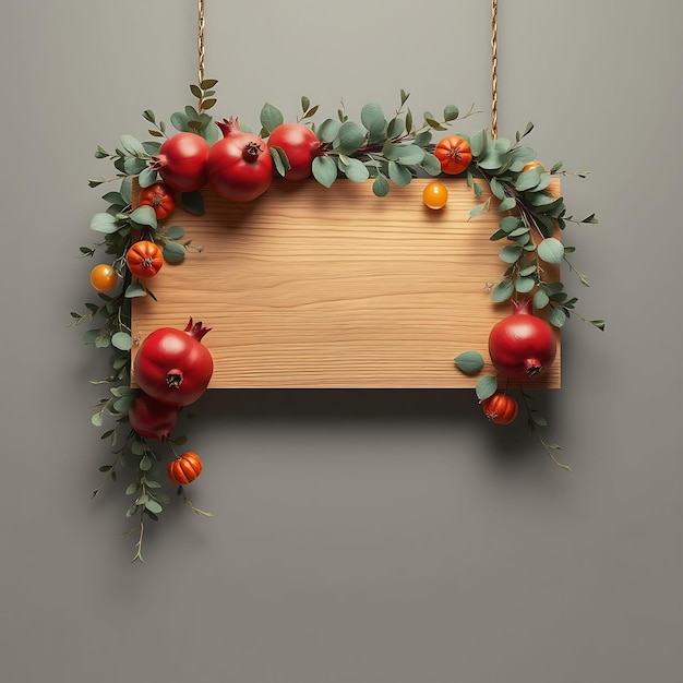 3D Render of Urban Blank Wooden Sign Board Pomegranates Eucalyptus Inspired Floral Decorations