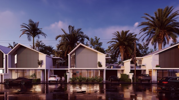 3d render view of beautiful houses exterior neighborhood