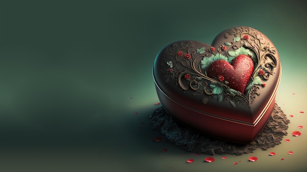 3D Render of Vintage Floral Heart Shape Metal Box With Rose Petals Valentine's Day Concept