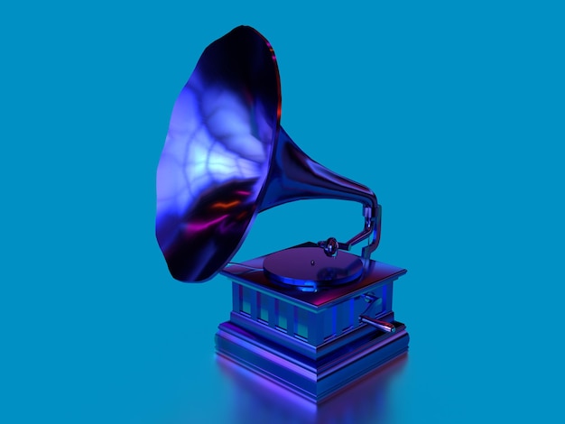 3d render vintage gramophone in retrowave style shiny metal purple music poster