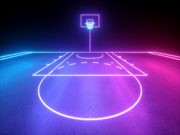 3d render violet blue glowing neon light part of the basketball virtual playground