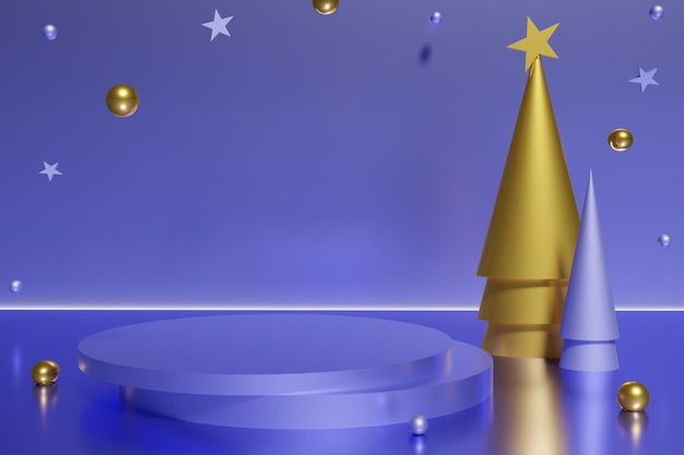 3d render of violet podium with purple and gold cone Christmas trees with spheres on a violet background for Xmas with color of the year 2022