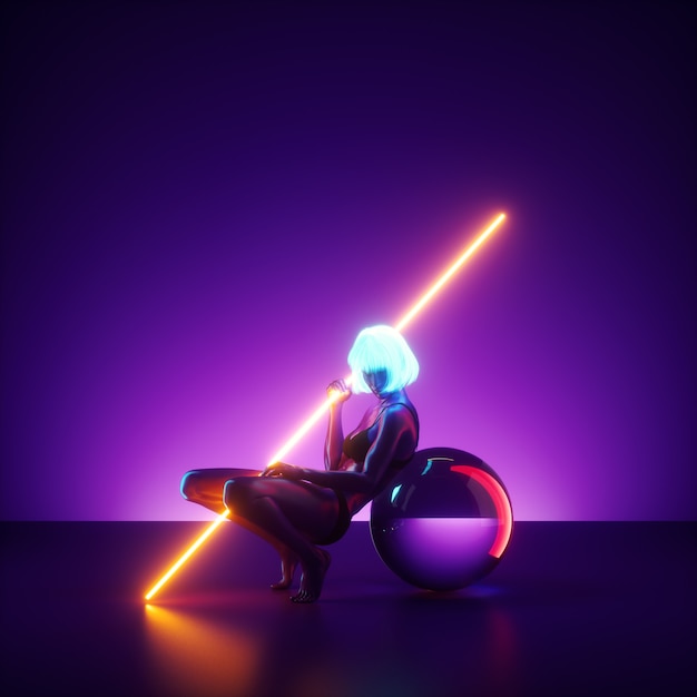 3d render, virtual female model posing, sitting on the stage with neon light glowing stick. Realistic mannequin doll.