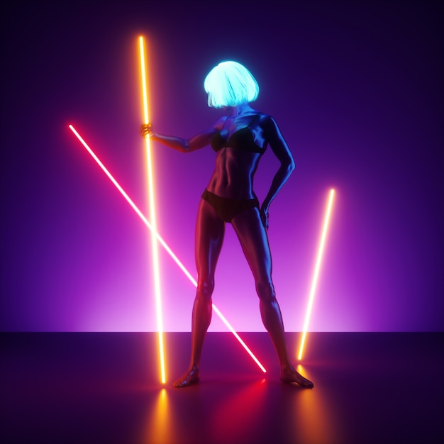 3d render of virtual female model posing, standing on the stage holding neon light glowing lines. Realistic mannequin doll.