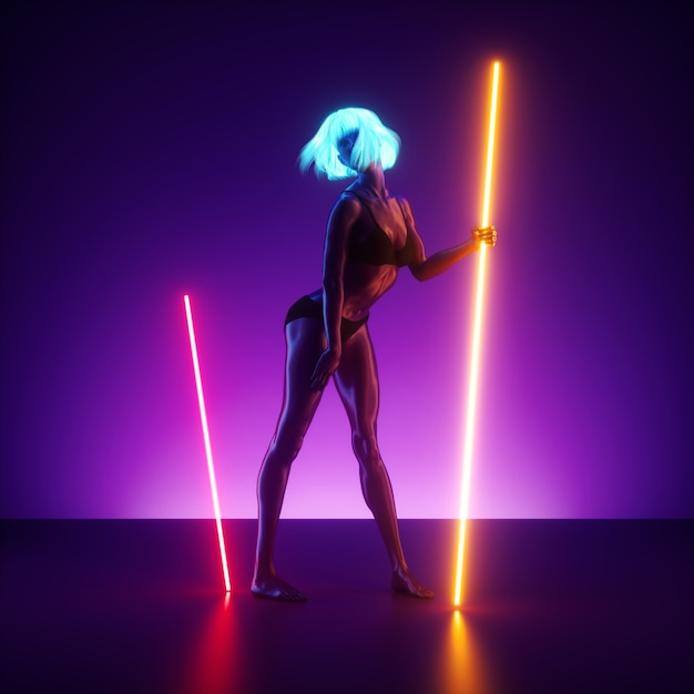 3d render, virtual female model posing, standing on the stage holding neon light glowing lines. Realistic mannequin doll.