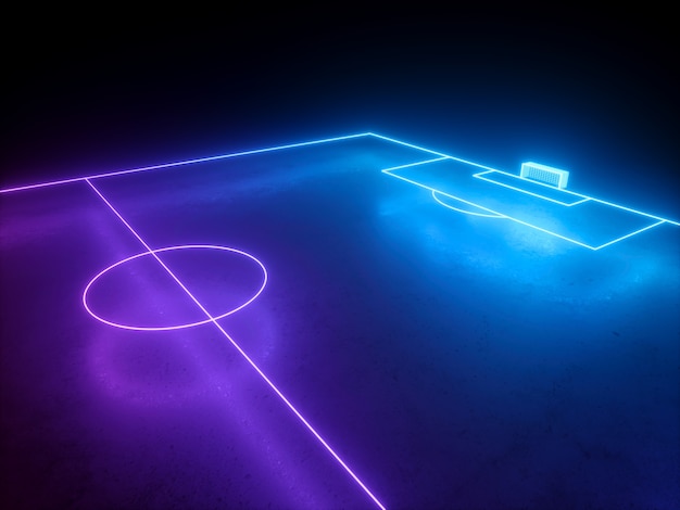 3d render of virtual neon football playground soccer field gate perspective angle view