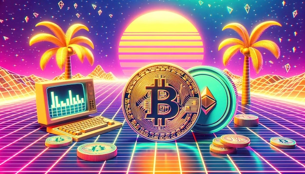 3D render visualizing the virtual money concept in a retro 80s vaporwave style Digital coins