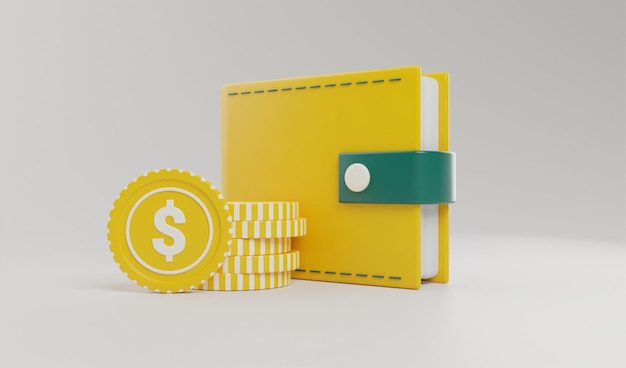 3D render wallet with money saving bill floating coins stack and credit card concept illustration