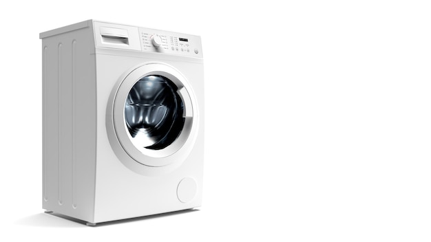 3d render washing machine on a white background from the side of the background there is a place for the text home appliance laundry