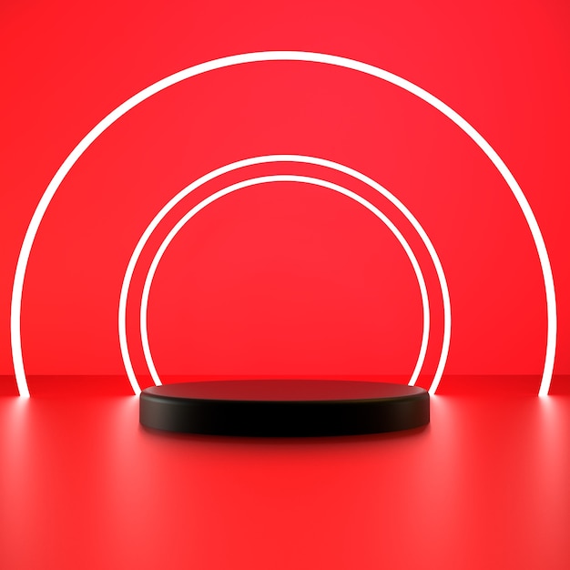 3d render white circle with black pedestal on red background Premium Photo