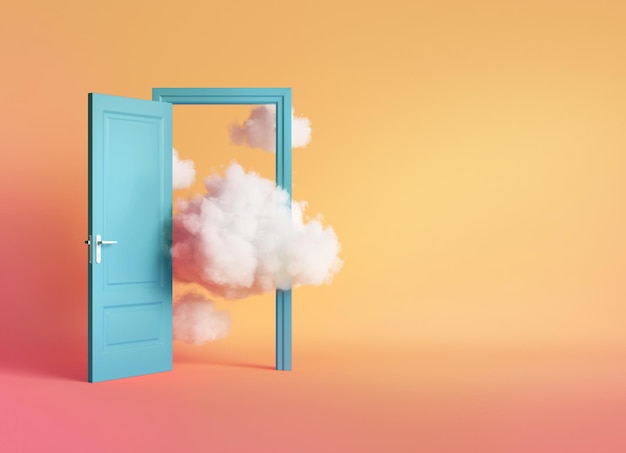 Photo 3d render white clouds and cumulus flying out the blue open door inside the empty room