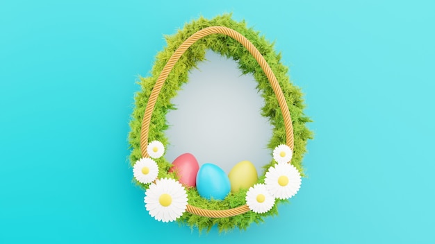 3d render of white egg frame with grass for happy easter festival