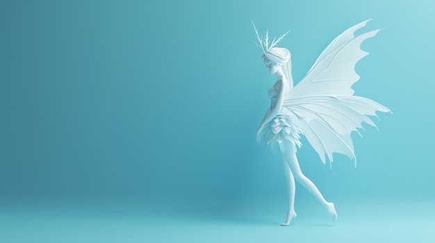 A 3D render of a white fairy with translucent wings against a light blue background