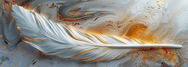 3d render of white feather with golden swirls on grey background fluid art golden and silver marble texture digital painting