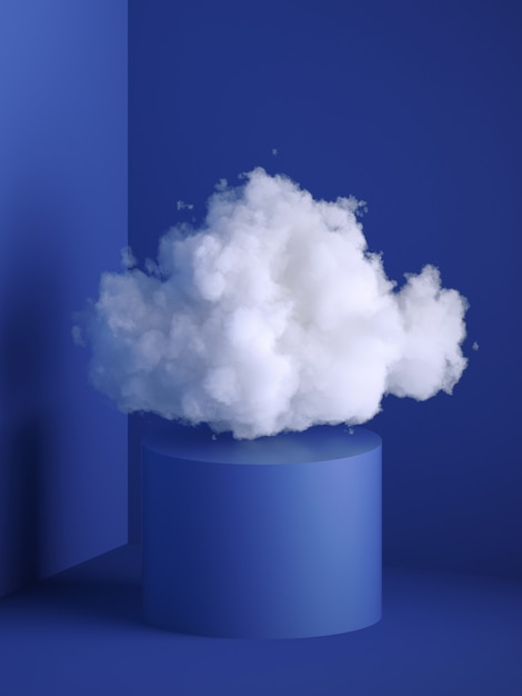 3d render, white fluffy cloud above the cylinder pedestal, round podium.