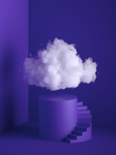 3d render of white fluffy cloud above the cylinder pedestal with spiral stairs 